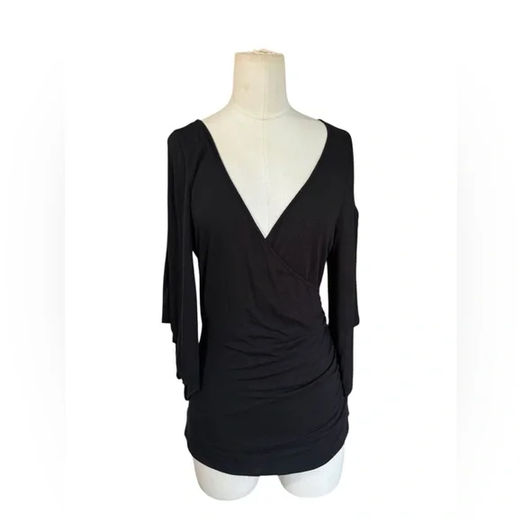 Boston proper Black Draped Surplice Top Split Bell Sleeve Blouse - Picture 2 of 7